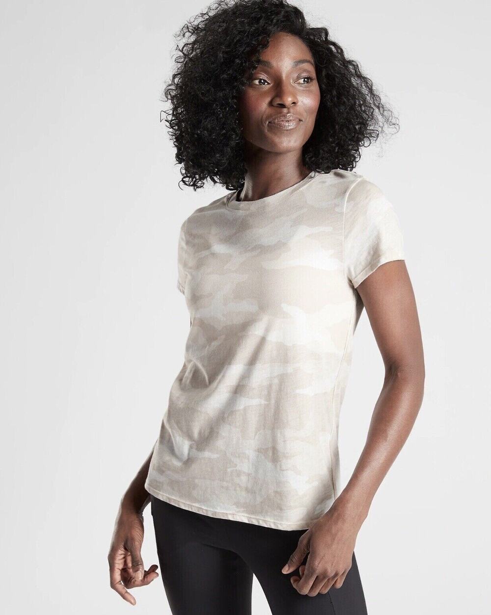 Athleta Organic Daily Camo Crew Womens T Shirt XS Cotton Beige White NWOT